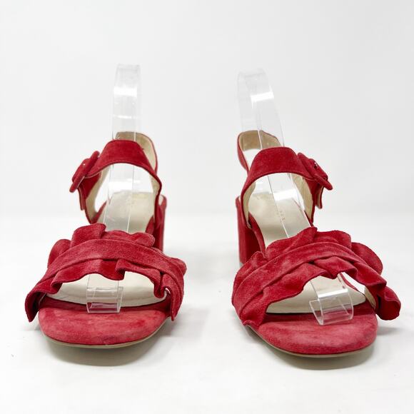 [E8 By Miista] Red Suede Leather Sandie Ruffle Strap Block Heel Sandals Size 5.5 - Picture 3 of 12